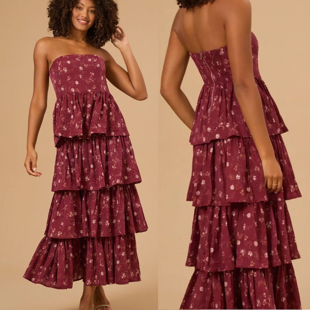 Altar'd State Darcy Strapless Floral Maxi Dress Tiered Boho Sz XL Wine Cottage